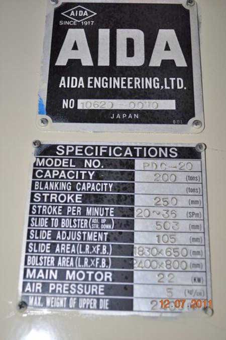 220 Ton AIDA MODEL #PDC 20 DOUBLE CRANK GAP PRESS,
