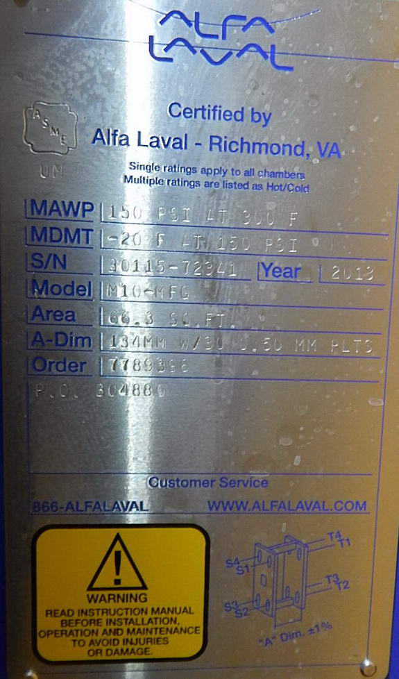 66.3 S.F. ALFA LAVAL Gasketed Plate & Frame Heat Exchanger, Unused, 2013