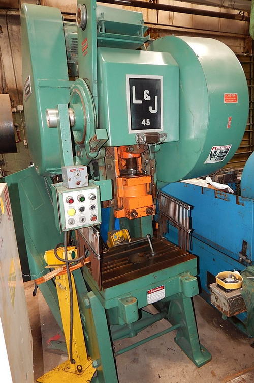 45 Ton L & J OBI Press, Back Geared, Tee-Slotted Bolster, Auto Lube, P.B. & Foot
